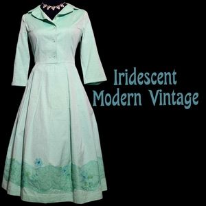 Modern vintage 1950s style iridescent shirt dress with unique floral hem